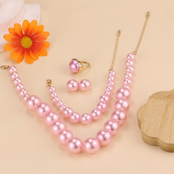Faux Pearl Jewelry Set for Women Necklace Earrings Bracelet Ring Formal Wedding - Picture 7 of 7